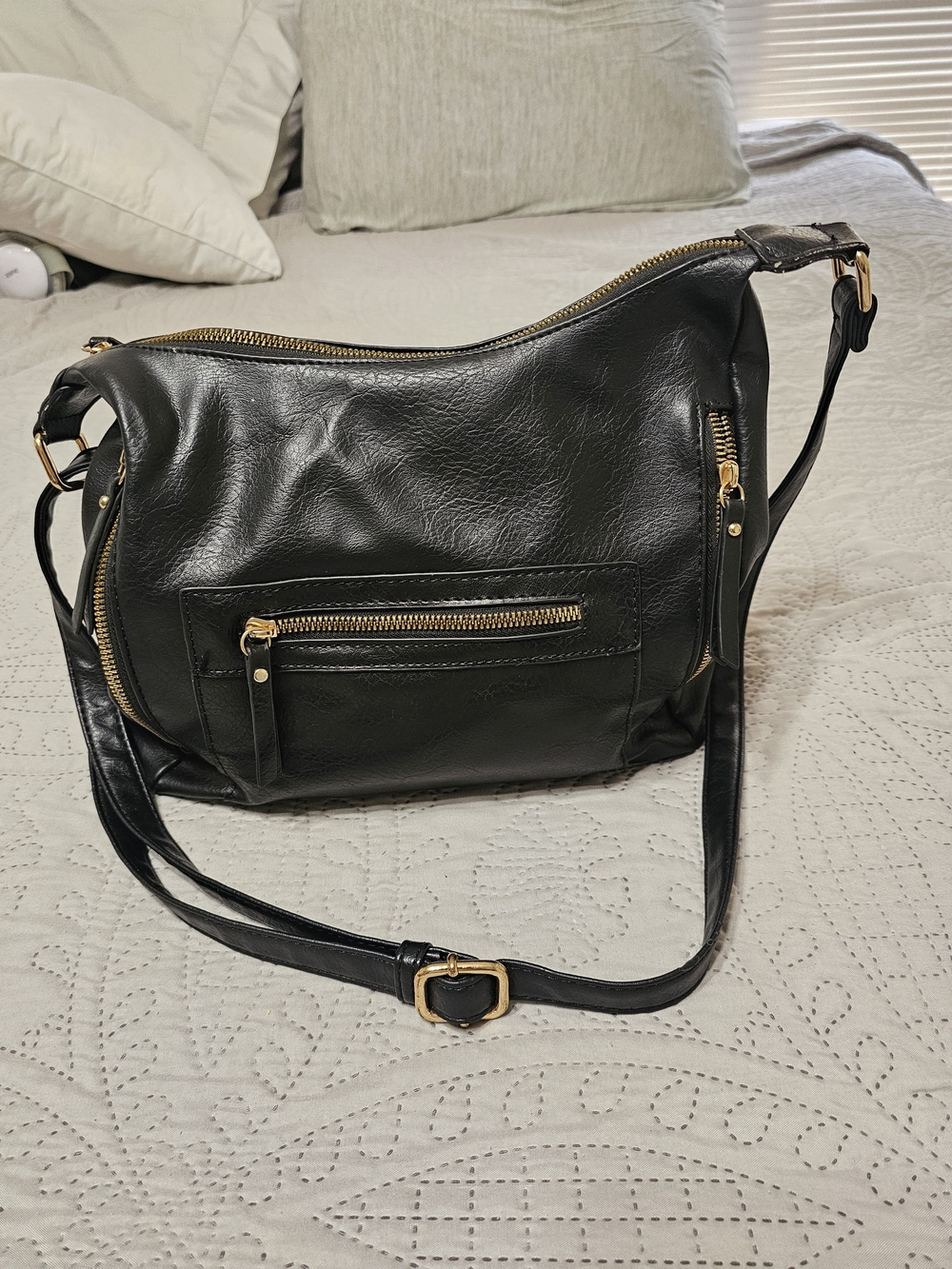 Classic Black Leather-like Crossbody Bag with Gold Hardware